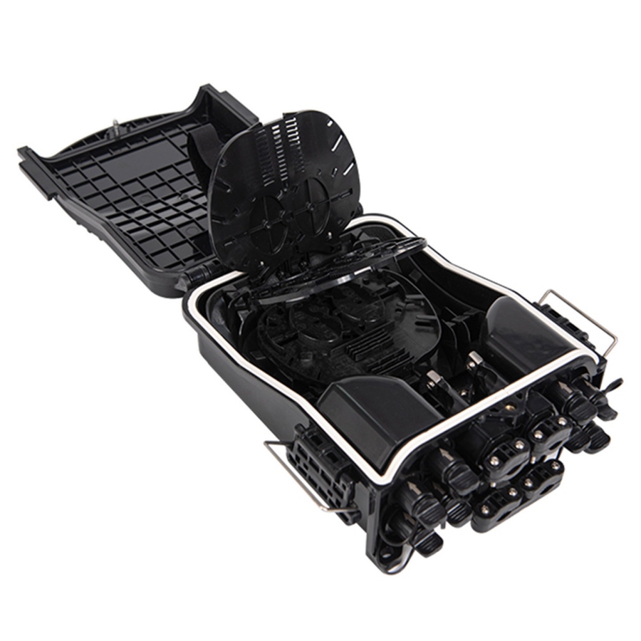 XHT-A08-02 open, three stacked splice trays and hardened adapters